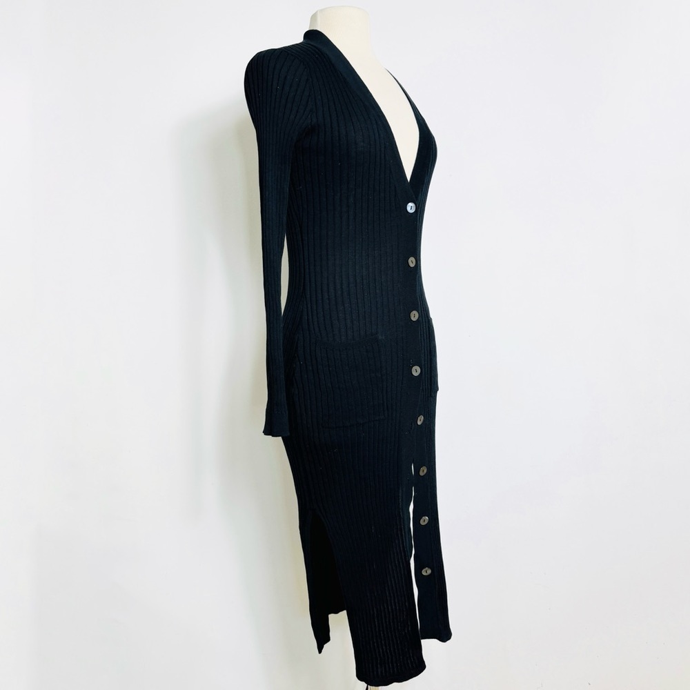 Long Ribbed Button-Front Black Cardigan Sweater - Picture 5 of 9